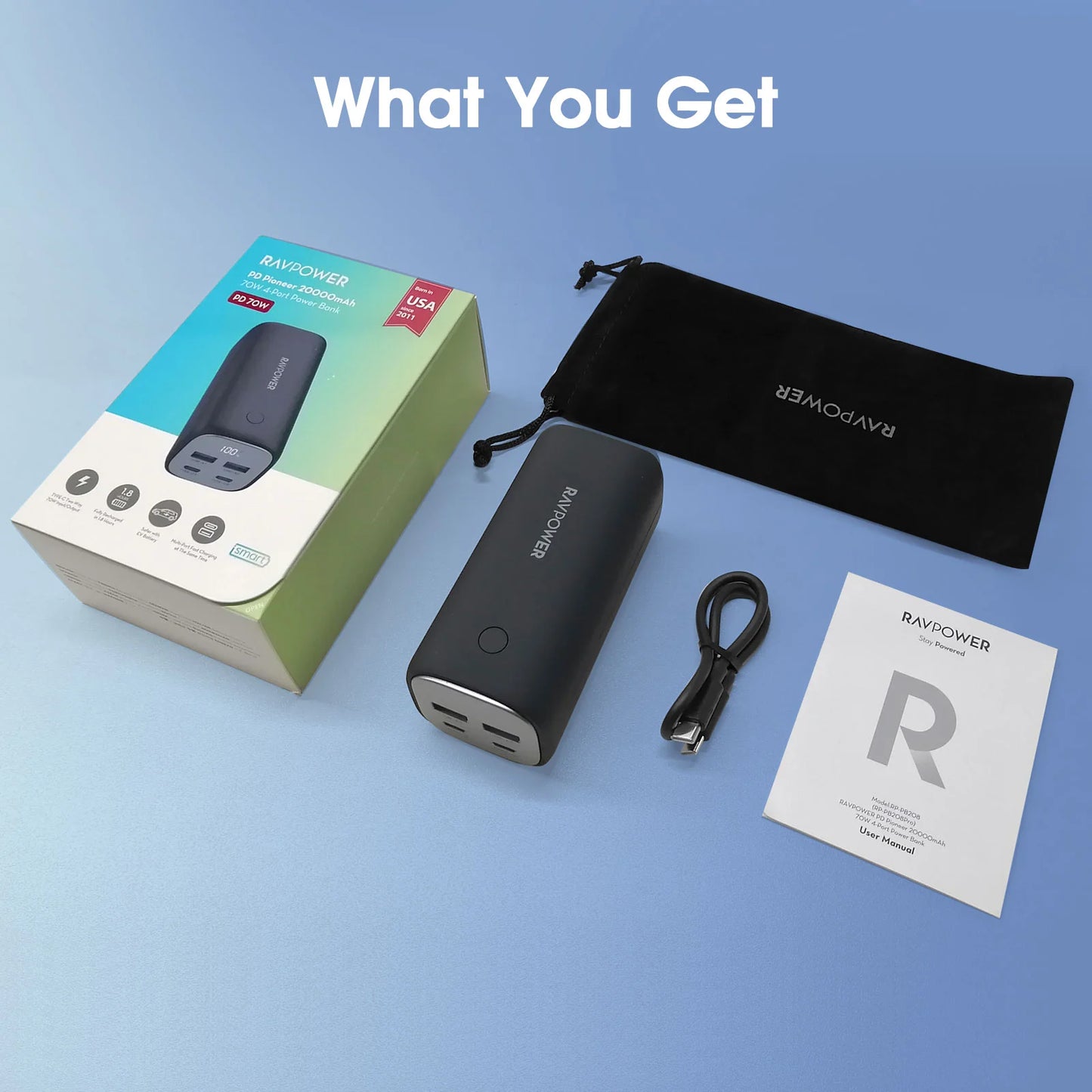 Power Bank 20,000 mAh, 70W USB-C PD, 4-Port Output, LED Display, High-Speed Laptop & Smartphone Charging
