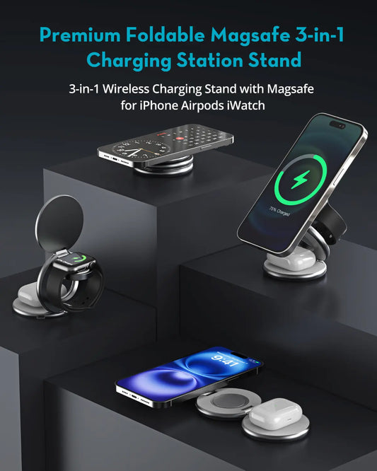 3-in-1 Wireless Charger (Titanium Gray) – 15W MagSafe-Compatible Charging Stand for iPhone, Apple Watch, and AirPods