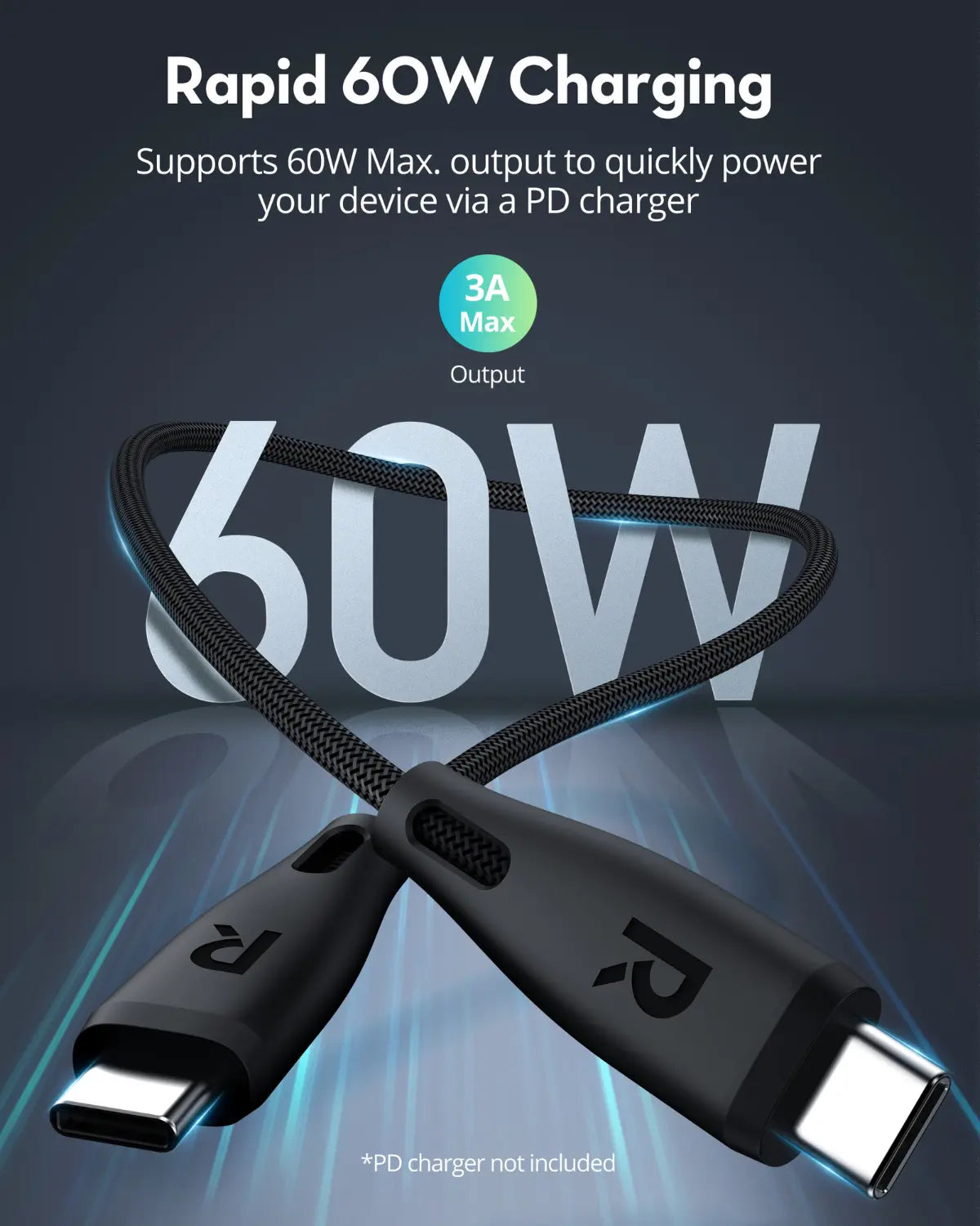 USB-C to USB-C Charging Cable – 60W Fast Charging, 1.2M Ultra-Durable Nylon Braided Cable with CNC Metal Connectors