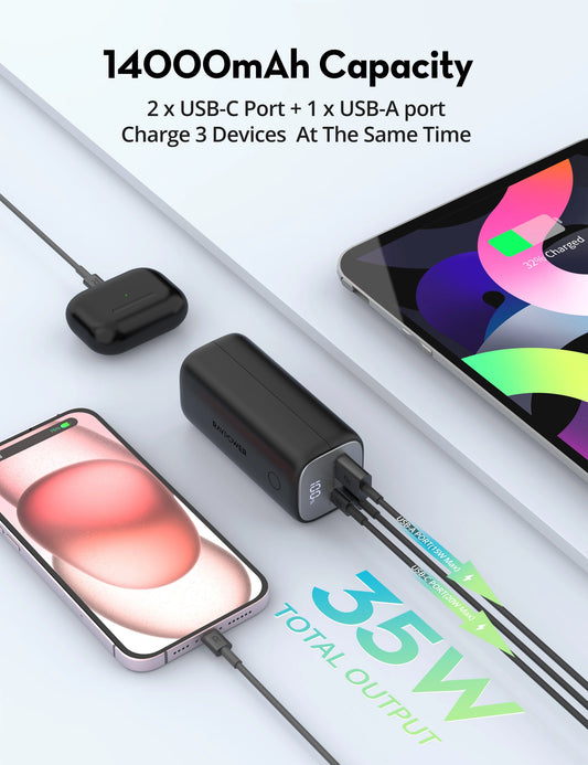 Compact Power Bank 14,000 mAh, 30W USB-C PD Fast Charging, LED Display, Triple-Port Output (2C+1A)