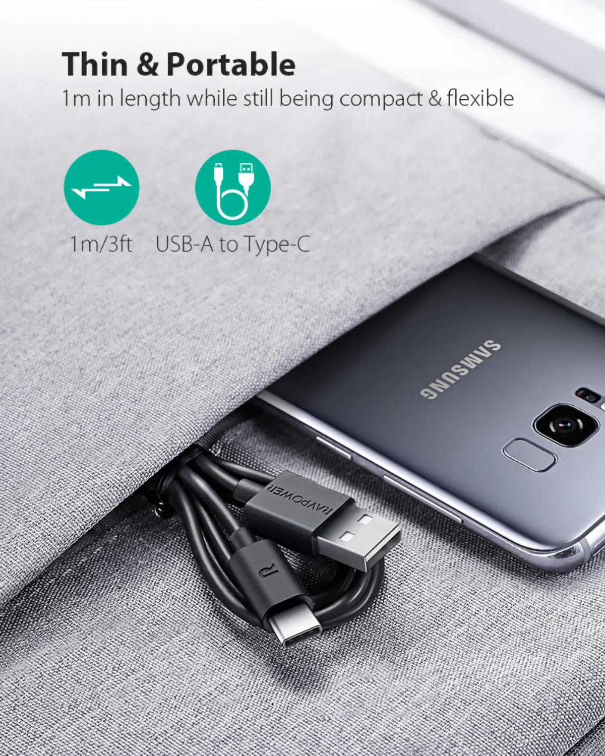 USB-A to USB-C Cable (1M) 60W Fast Charging, Durable TPE Cable