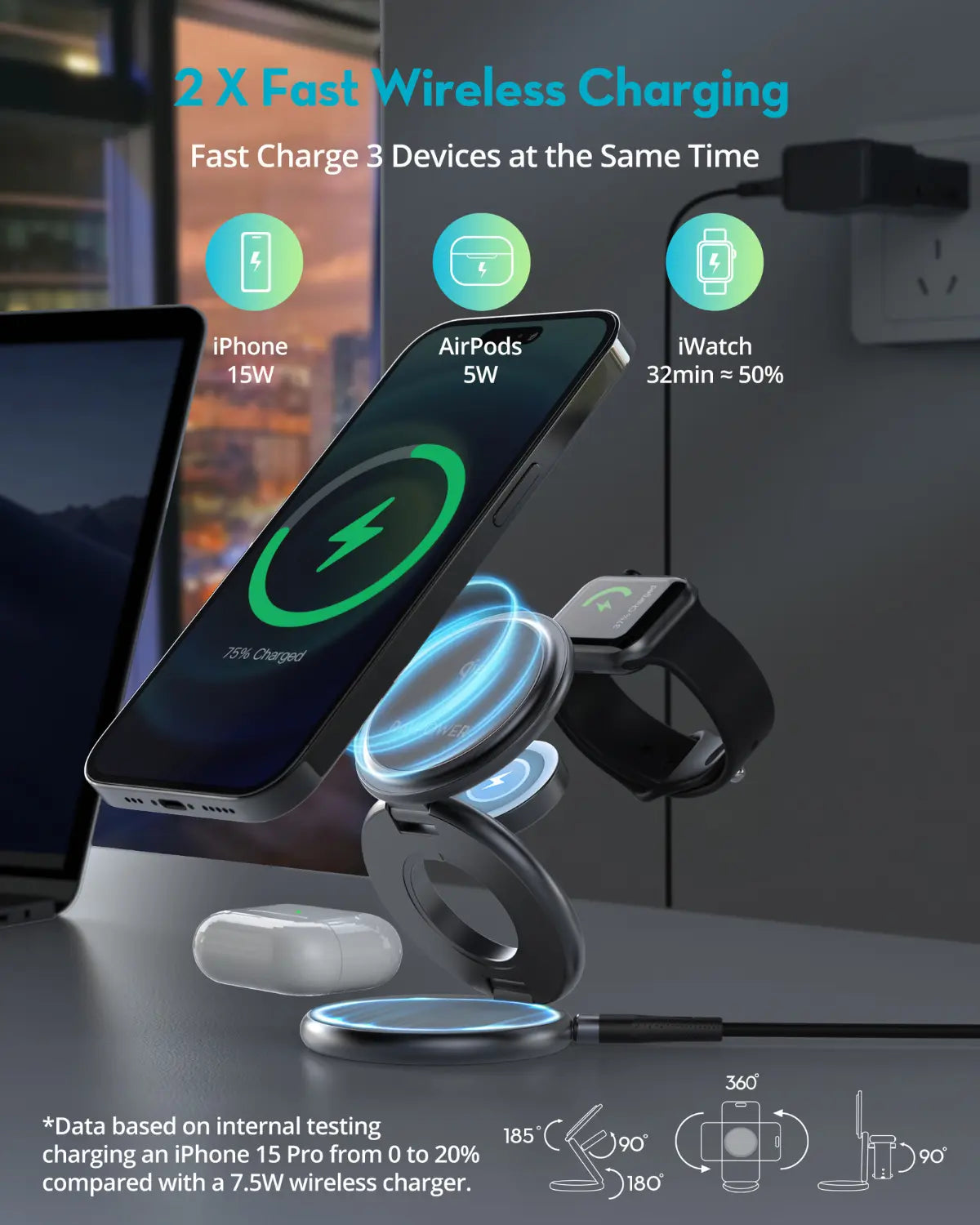 3-in-1 Wireless Charger (Titanium Gray) – 15W MagSafe-Compatible Charging Stand for iPhone, Apple Watch, and AirPods