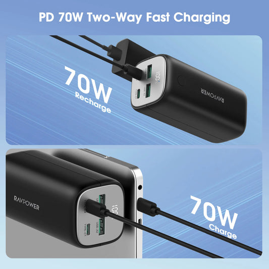 Power Bank 20,000 mAh, 70W USB-C PD, 4-Port Output, LED Display, High-Speed Laptop & Smartphone Charging