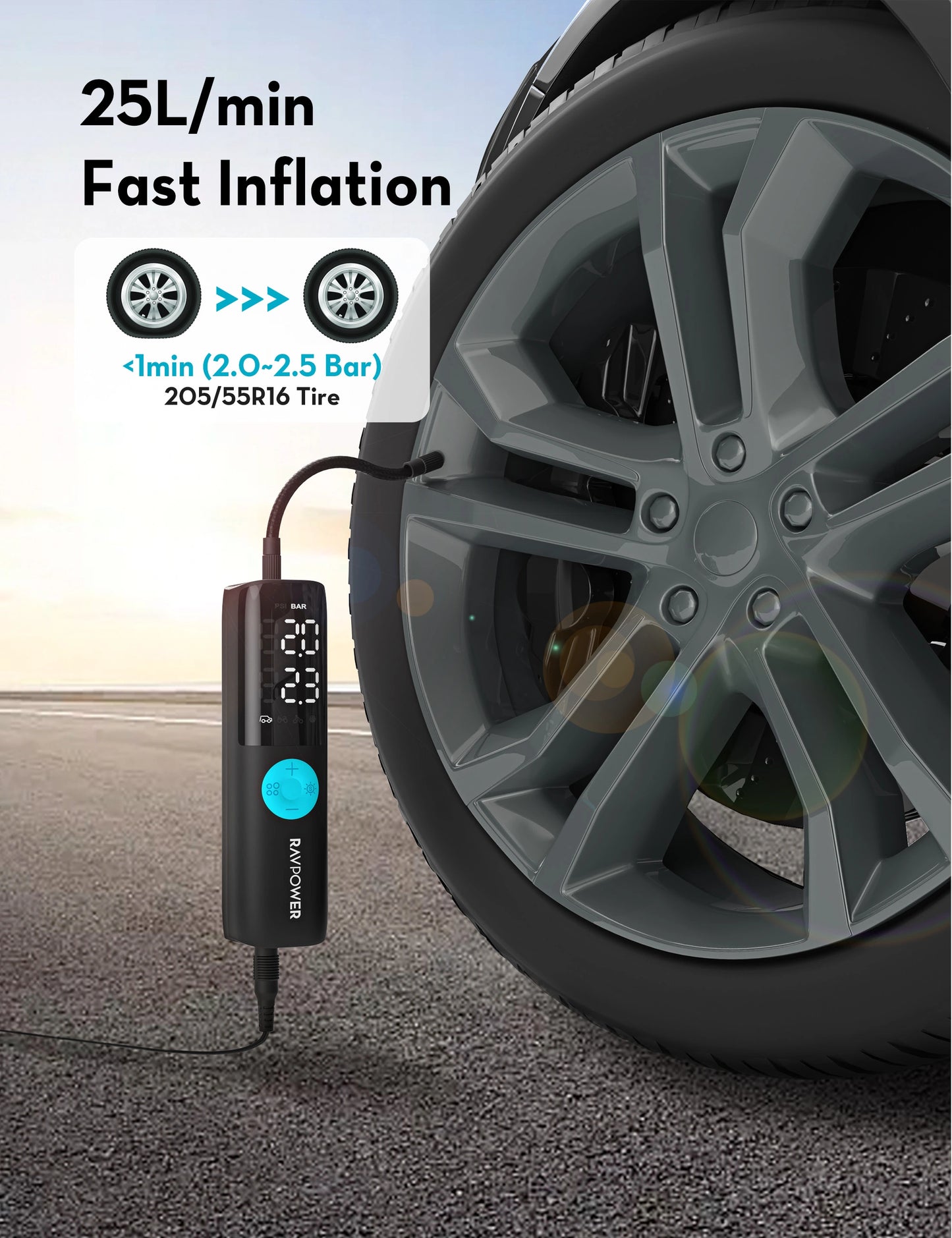 Portable Tire Inflator – 12V DC Car Air Compressor, Auto Shut-Off, LED Light, No Battery Design (Safe in Car Use)