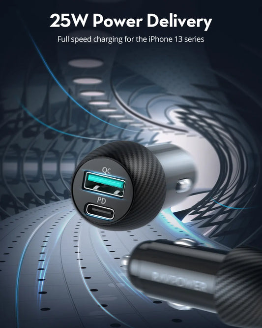 49W Dual-Port Car Charger – 25W USB-C PD + 24W QC3.0 USB-A Fast Charging, Compact & Universal Fit