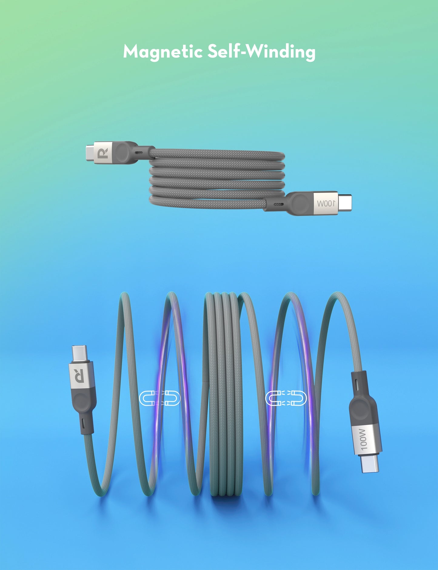 USB-C to USB-C Magnetic Cable, 100W PD Fast Charging, Nylon Braided, 1.2M Length, Secure Magnetic Design