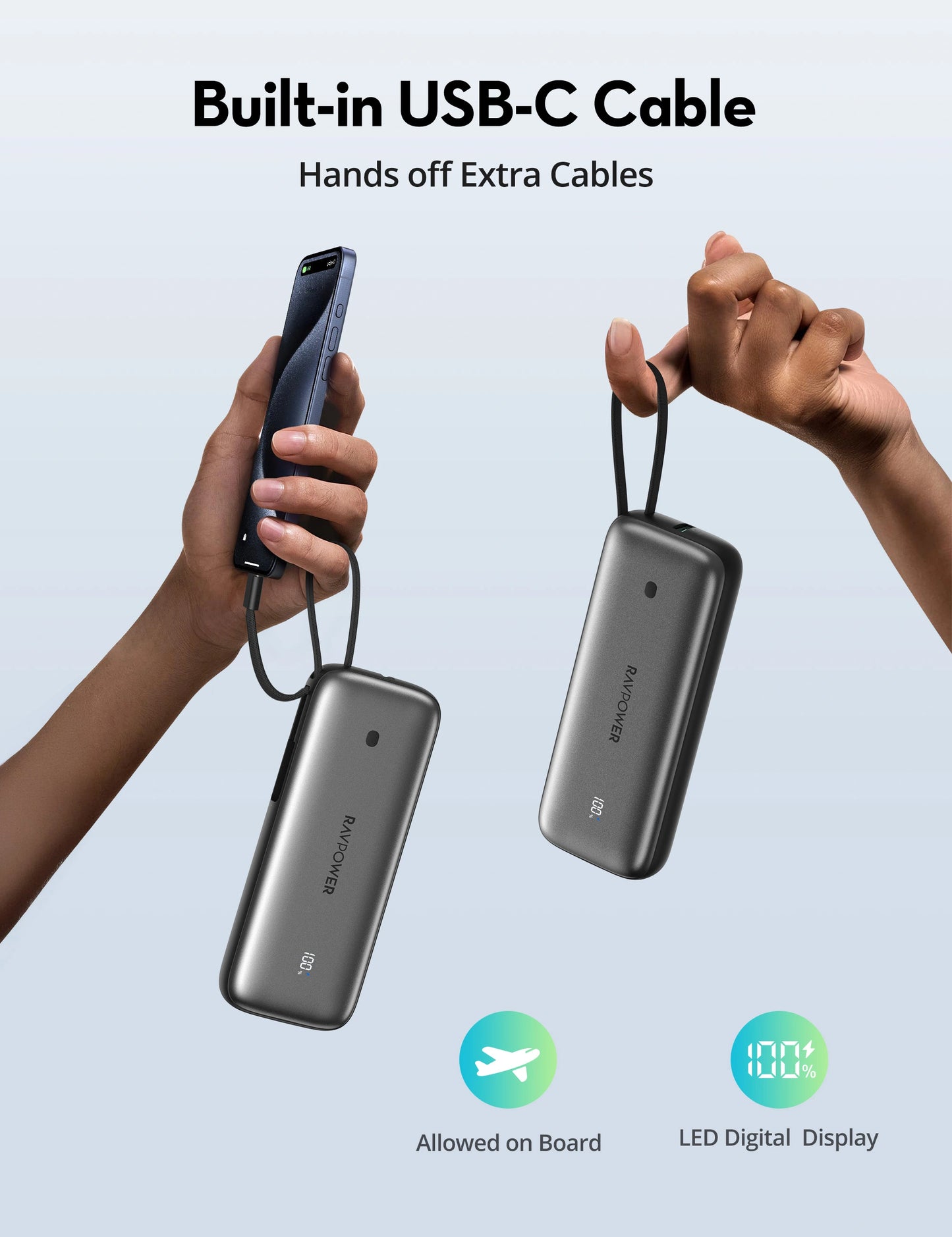 Pocket Power Bank 20,000 mAh, 35W PD Fast Charging, Built-In USB-C Cable, Triple-Port Output, SCP 22.5W Support