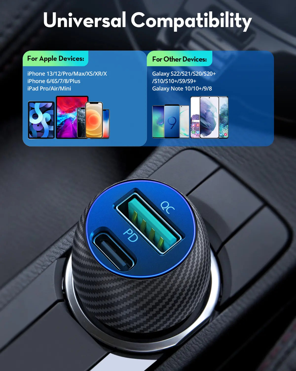 49W Dual-Port Car Charger – 25W USB-C PD + 24W QC3.0 USB-A Fast Charging, Compact & Universal Fit