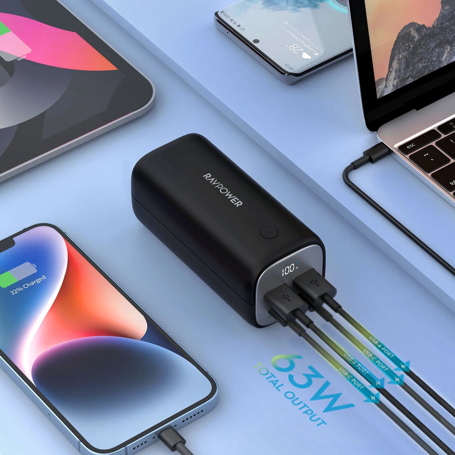Power Bank 20,000 mAh, 70W USB-C PD, 4-Port Output, LED Display, High-Speed Laptop & Smartphone Charging