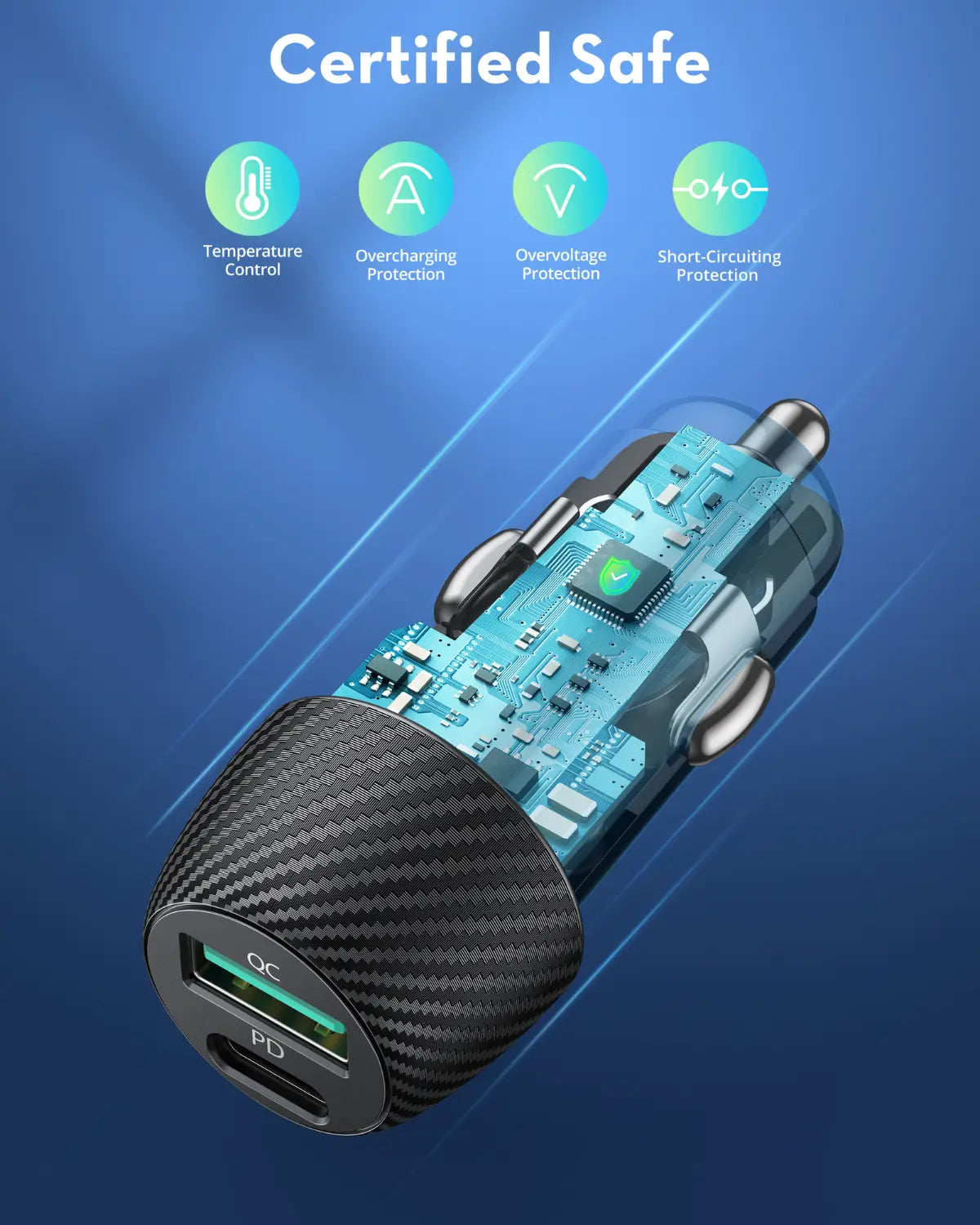 49W Dual-Port Car Charger – 25W USB-C PD + 24W QC3.0 USB-A Fast Charging, Compact & Universal Fit