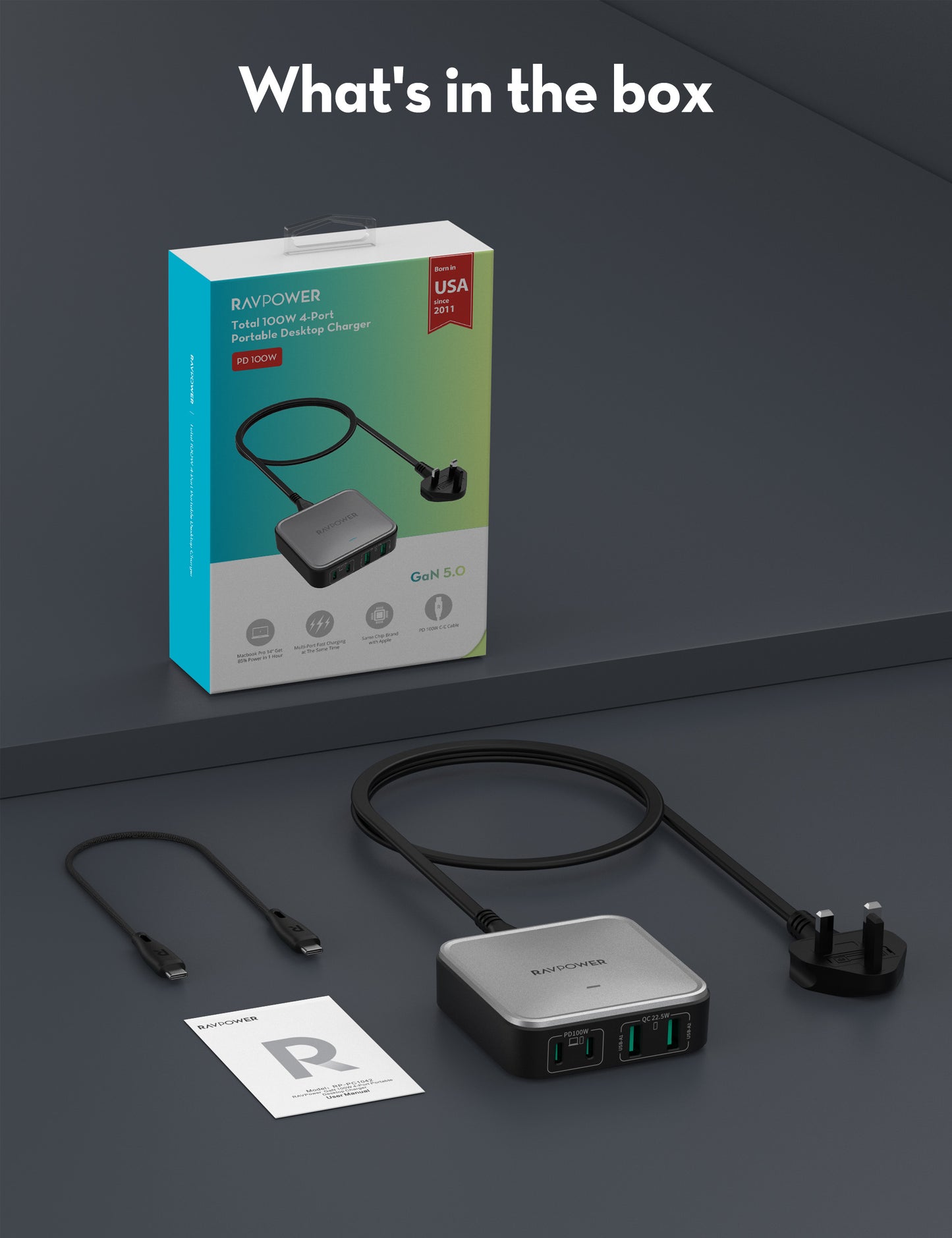 Desktop 100W 4 ports with C-C 100W cable