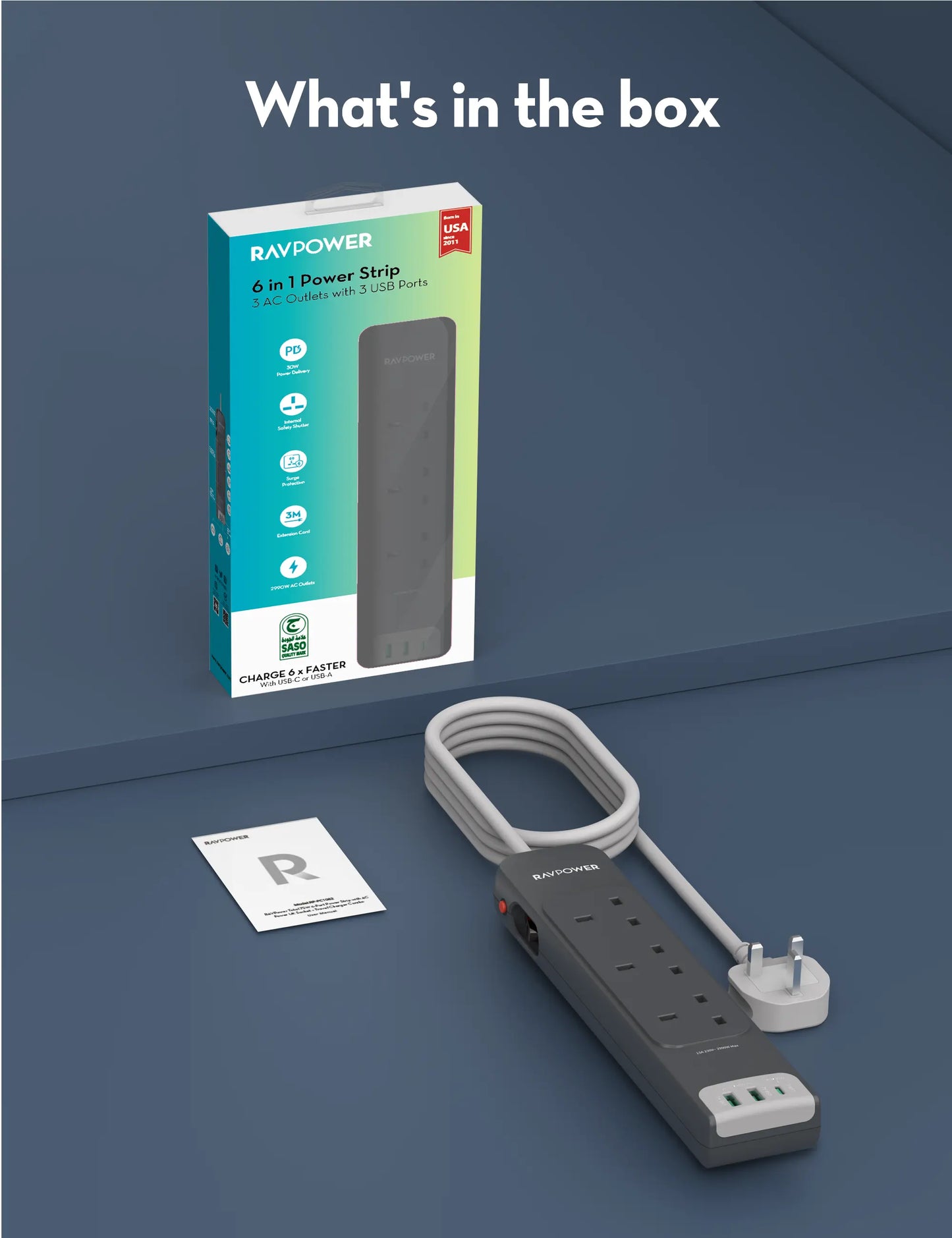 Power Strip – 6-in-1 with 3 AC Outlets, 2 USB-A & 1 USB-C, PD 30W Fast Charging, 3M Cord, 3250W Max Load