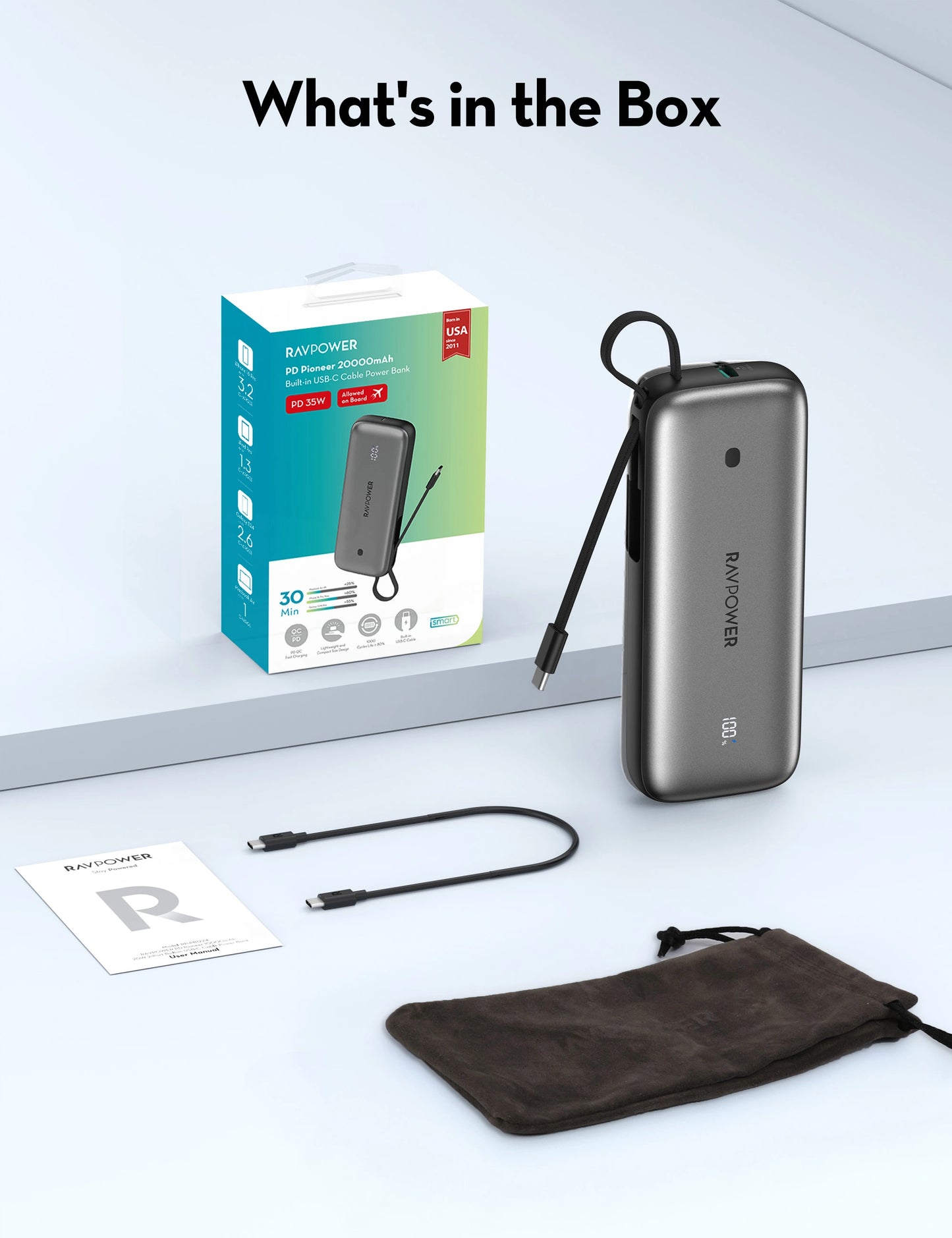 Pocket Power Bank 20,000 mAh, 35W PD Fast Charging, Built-In USB-C Cable, Triple-Port Output, SCP 22.5W Support