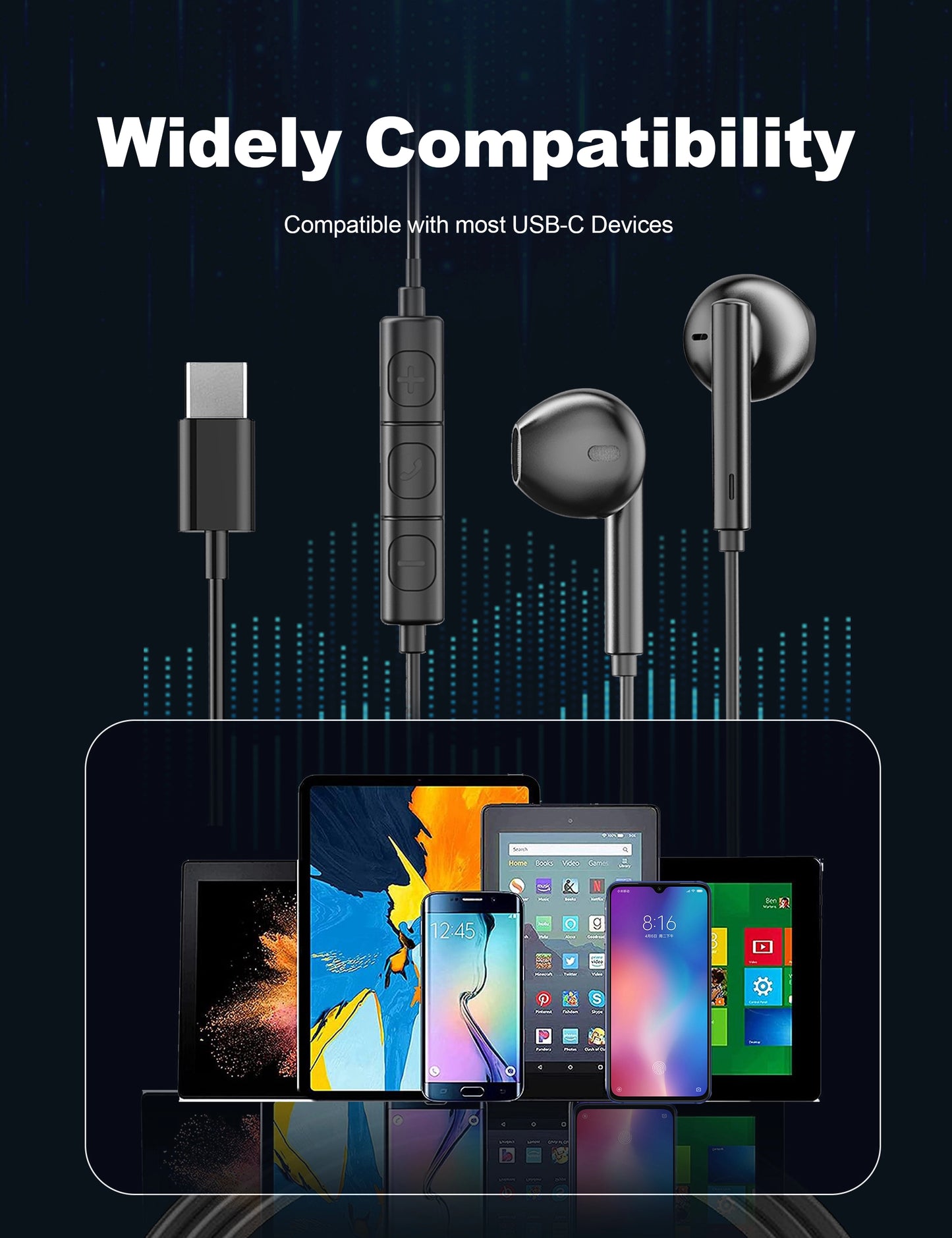 Wired USB-C Earphones – Booming Bass, In-Line Remote, 14mm Dynamic Drivers, Plug & Play (1.2M Cable)