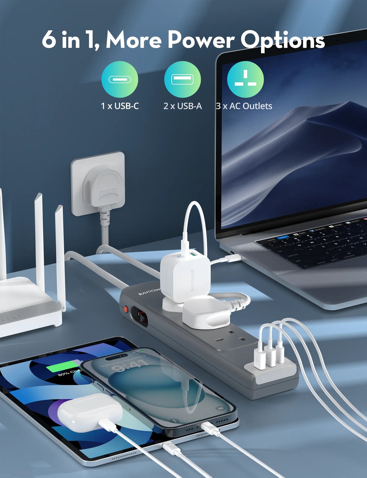 Power Strip – 6-in-1 with 3 AC Outlets, 2 USB-A & 1 USB-C, PD 30W Fast Charging, 3M Cord, 3250W Max Load