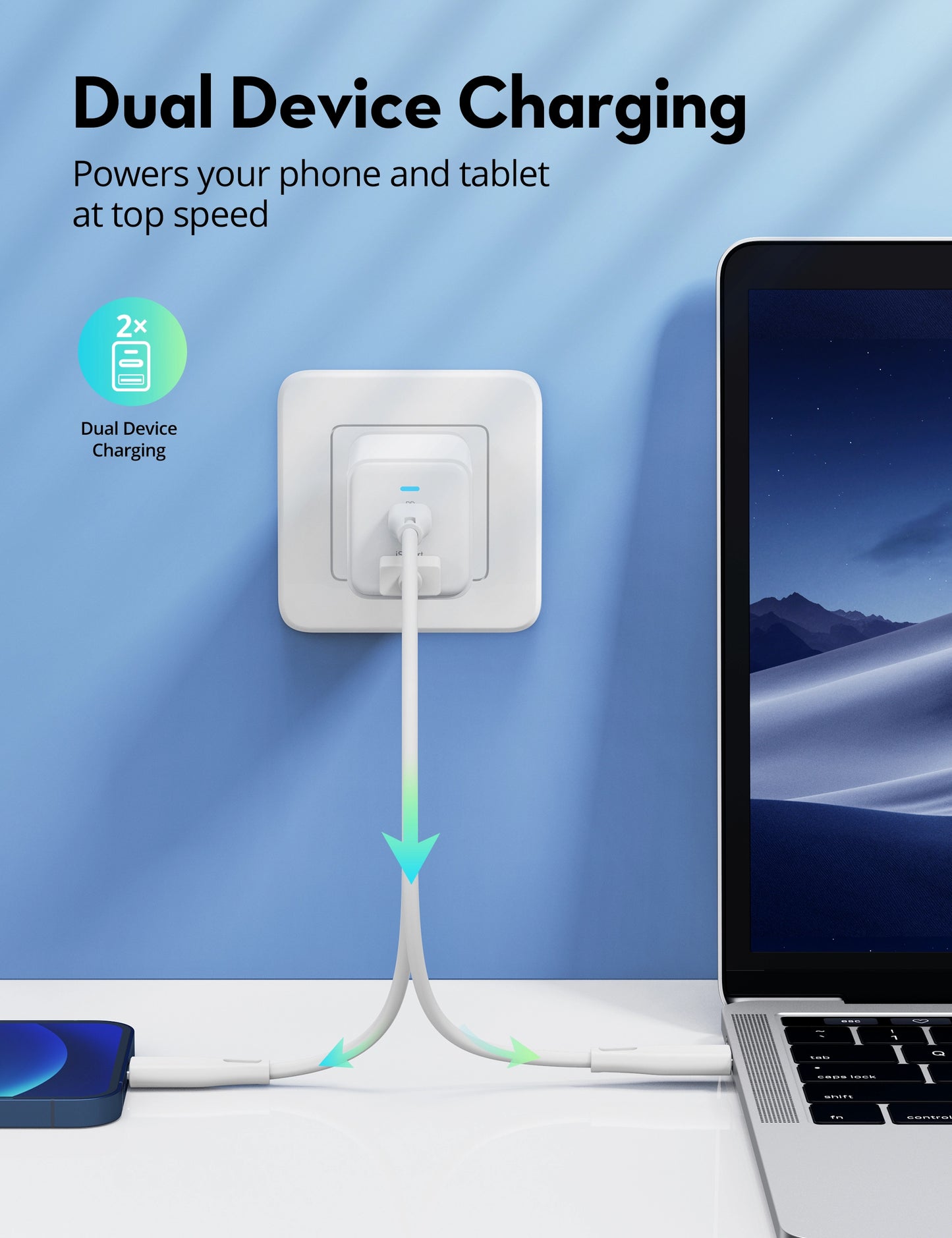 45W GaN Dual-Port Wall Charger – USB-C PD + USB-A QC Fast Charging, Compact EU Plug Charger
