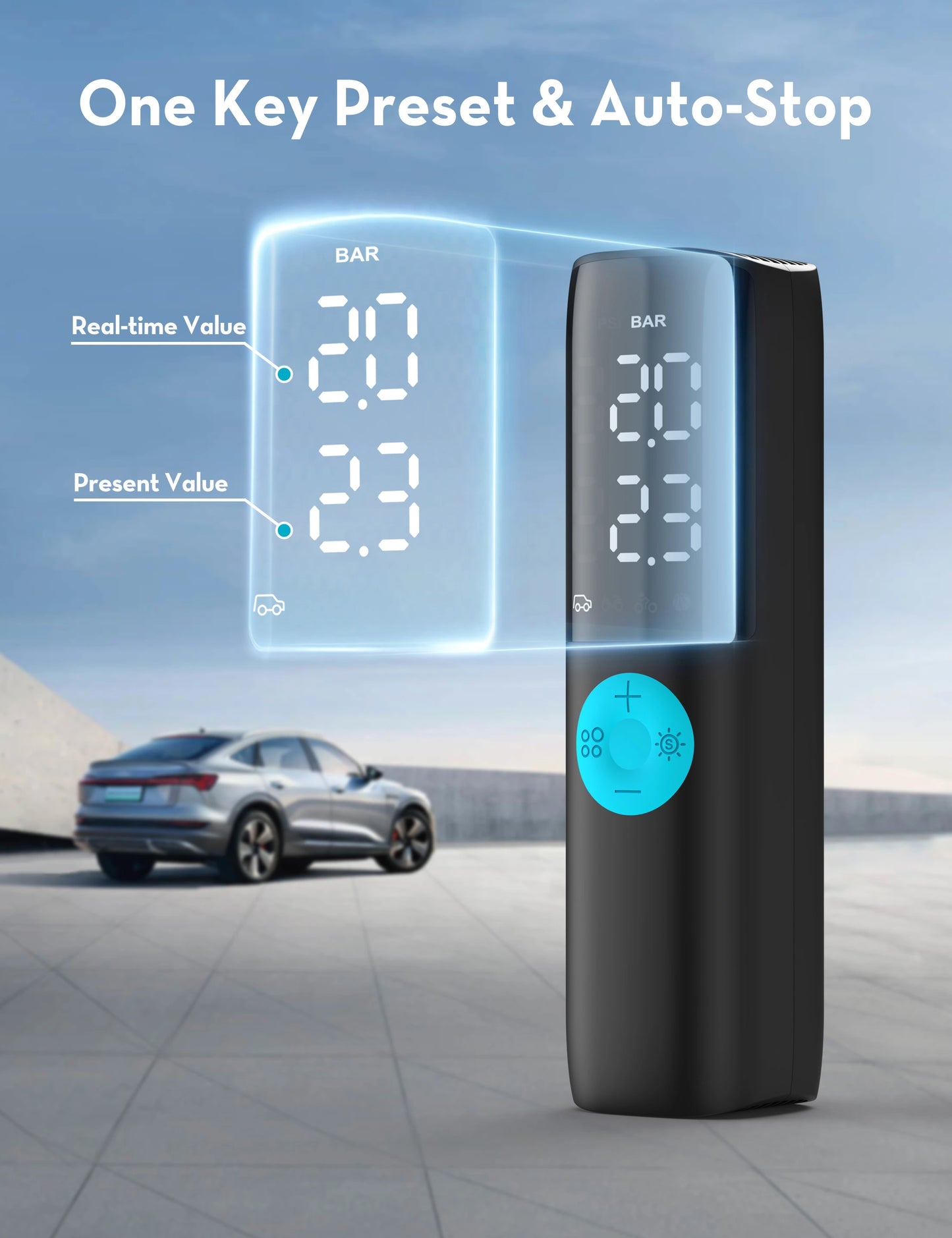 Portable Tire Inflator – 12V DC Car Air Compressor, Auto Shut-Off, LED Light, No Battery Design (Safe in Car Use)