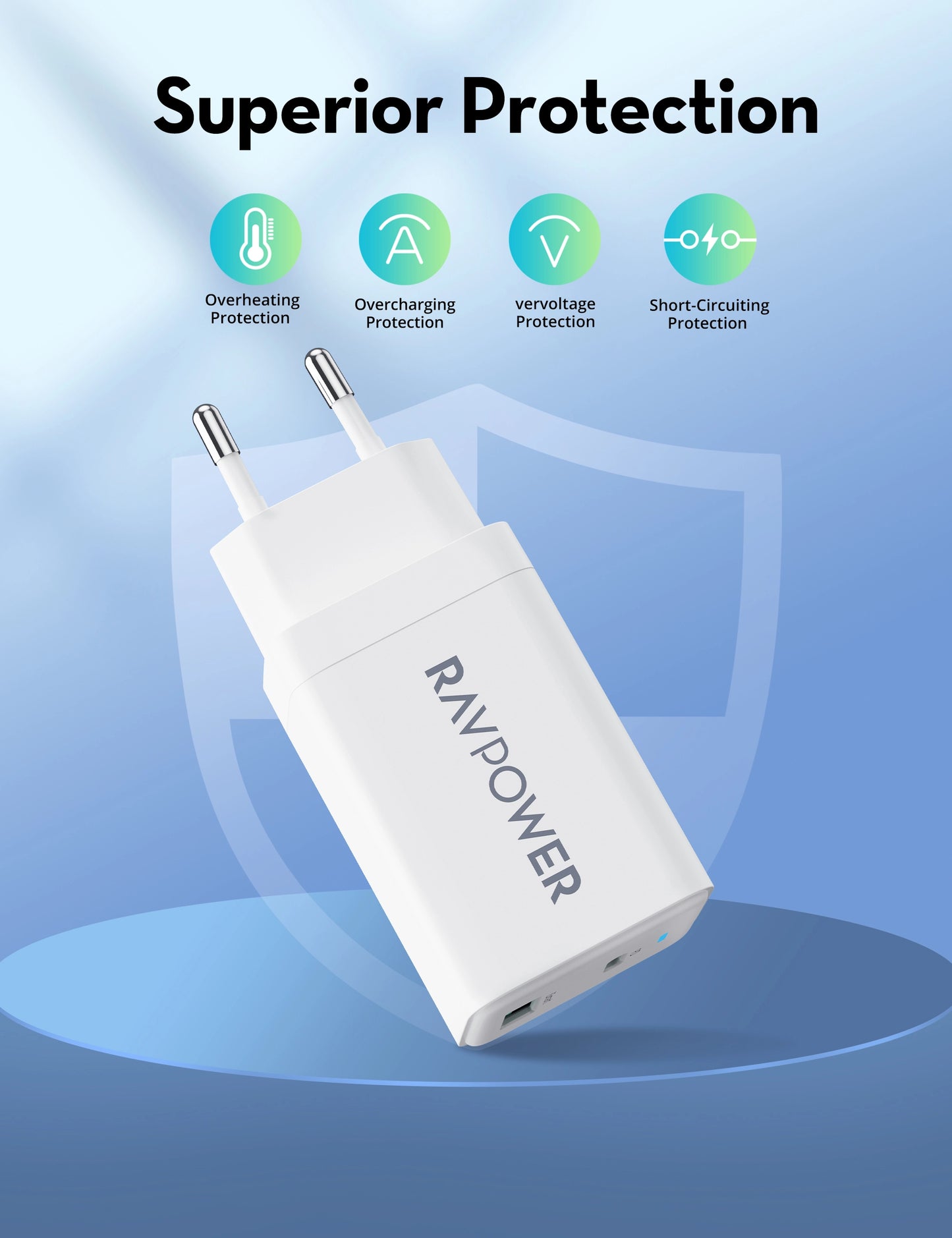 45W GaN Dual-Port Wall Charger – USB-C PD + USB-A QC Fast Charging, Compact EU Plug Charger