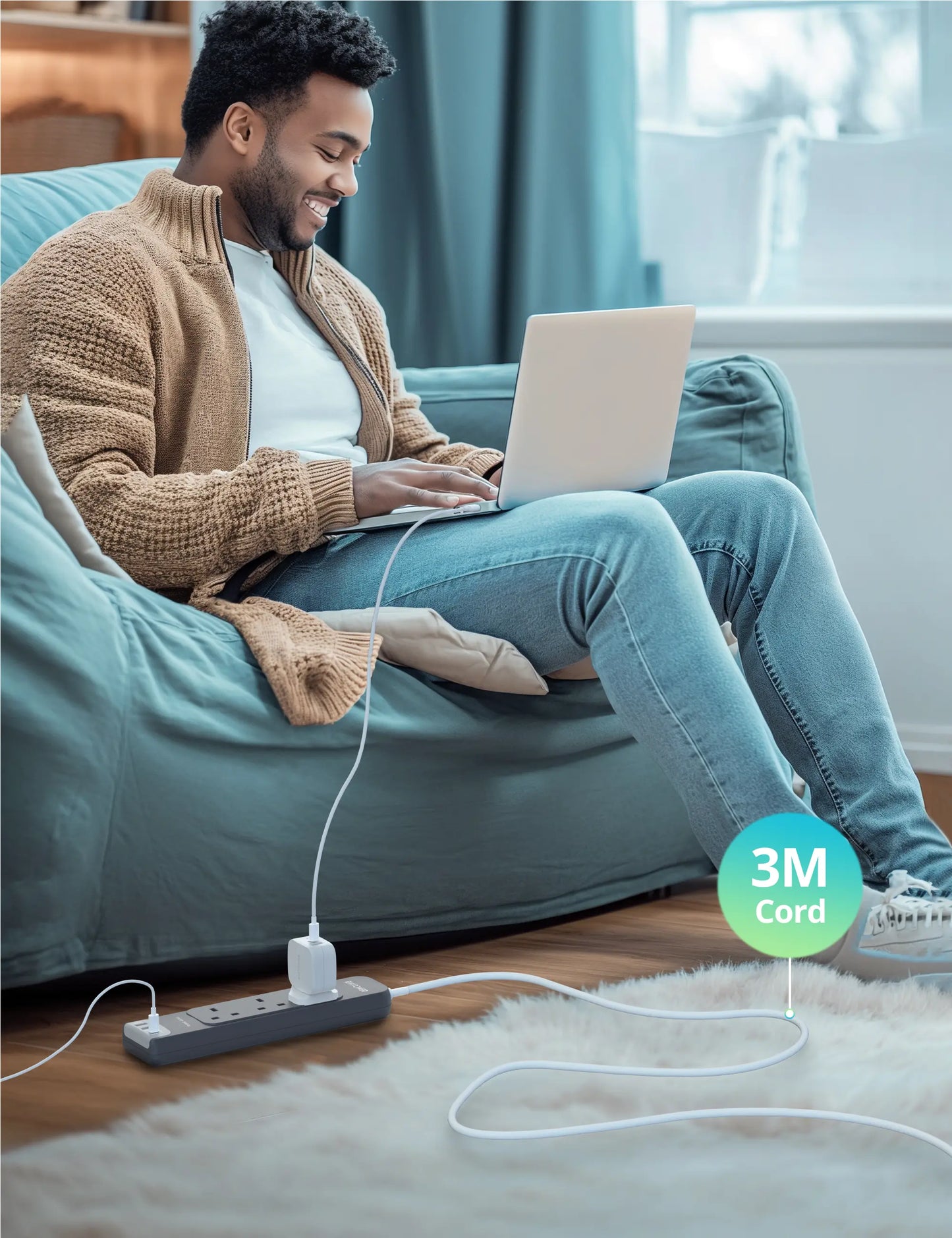 Power Strip – 6-in-1 with 3 AC Outlets, 2 USB-A & 1 USB-C, PD 30W Fast Charging, 3M Cord, 3250W Max Load